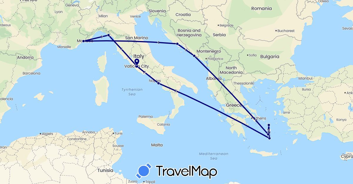 TravelMap itinerary: driving in France, Greece, Croatia, Italy (Europe)