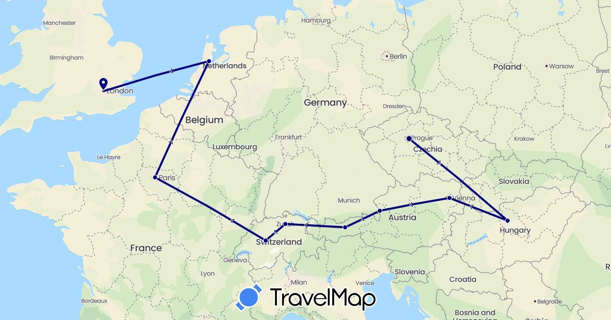 TravelMap itinerary: driving in Austria, Switzerland, Czech Republic, France, United Kingdom, Hungary, Netherlands (Europe)